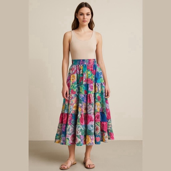 Bay Club Dresses & Skirts - Vintage Bat Club Petite Floral Boho Patches Multicolor Hippie Women's Skirt Sz M